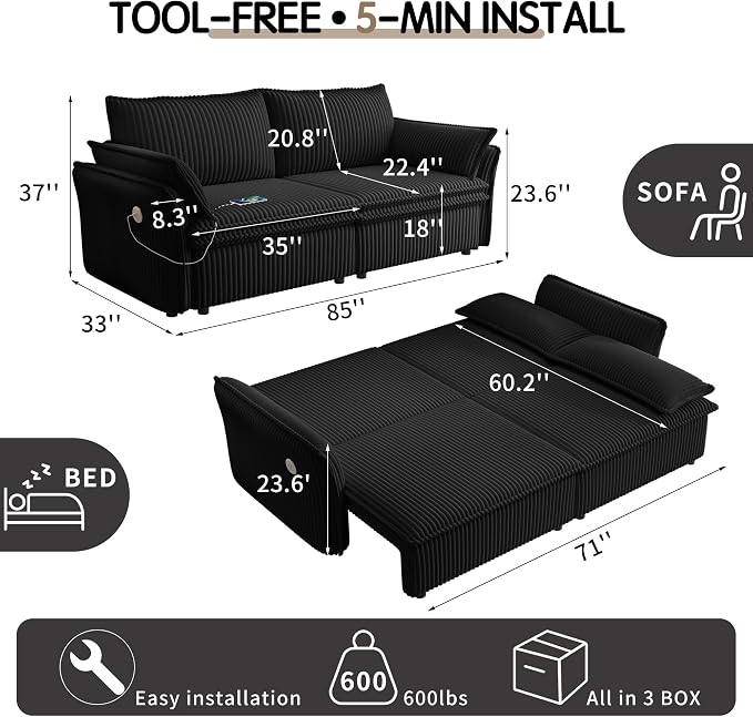 85" Pull Out Sofa Bed Full Size, Pre-Assembled Corduroy Sleeper Sofa, Convertible Loveseat Futon Couch with Storage Ottoman, USB, Pillows, for Apartment, Living Room, Small Spaces, Black