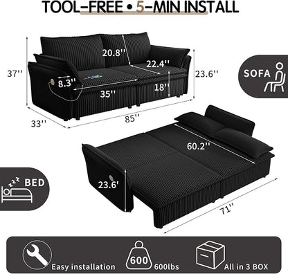 85" Pull Out Sofa Bed Full Size, Pre-Assembled Corduroy Sleeper Sofa, Convertible Loveseat Futon Couch with Storage Ottoman, USB, Pillows, for Apartment, Living Room, Small Spaces, Black