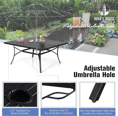 HERA'S HOUSE 9 Pieces Patio Dining Sets, Outdoor Table and Chairs Set of 8, 8 x Blue Textilene Dining Chair, 57.5" Square Metal Dining Table with 1.57" Umbrella Hole for Lawn Garden Backyard Deck
