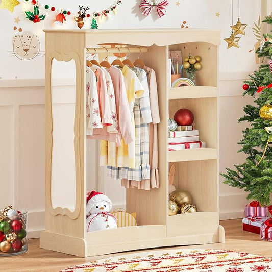 Curipeer Kids Dress Up Storage with Flower Mirror, Open Hanging Closet Wardrobe for Children, Kids Armoire & Costume Organizer for Bedroom Playroom Preschools Classroom, Wood Color