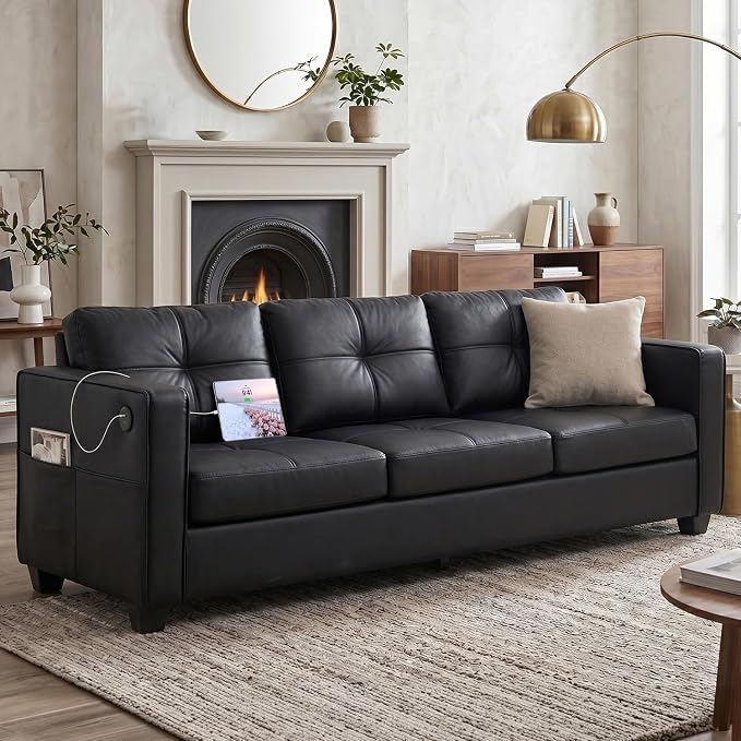 TYBOATLE 88" W Faux Leather Couches w/USB, Tufted Mid-Century Modern Comfy Black Leather Couch w/Side Pockets and Wider Arms for Living Room, 3 Seater Leathe Sofa for Office, Apartment, Bedroom