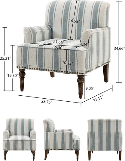 Accent Chair, Mid Century Modern Comfy Armchair for Living Room, Linen Fabric Single Sofa Lounge for Reading Bedroom Apartment Waiting Room with Wood Legs (Blue Stripe, Set of 2)
