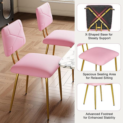 VECELO Dining Chairs Set of 2, Modern Upholstered Kitchen Chairs with Faux Leather Cushion Seat & Metal Legs for Kitchen, Living Room, Tufted Backrest Design, Pink