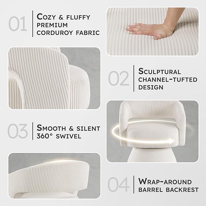 Lexicon 360 Degree Swivel Accent Chair, Modern Comfy Corduroy Round Barrel Chair, Open Back, Plush Foam Cushions, Metal Swivel Base for Living Room/Bedroom/Office/Small Spaces, Beige