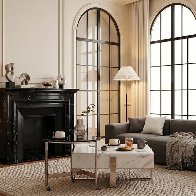 White and Silver Coffee Table, Modern Square Center Table with Faux Marble Tabletop and Mirrored Chrome Legs for Living Room Apartment Office