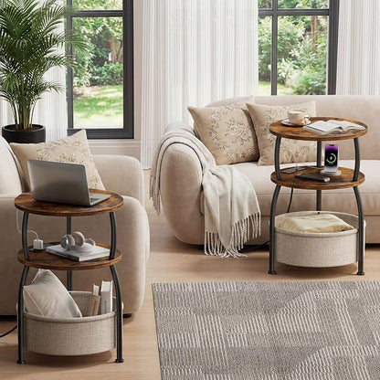 Round Side Table with Charging Station, USB Type C Port, Brown | Small Table with Basket, 3 Tiers Sofa Couch Table, Bedside Table for Living Room Bedroom, Garden,Small Spaces, 15.75in
