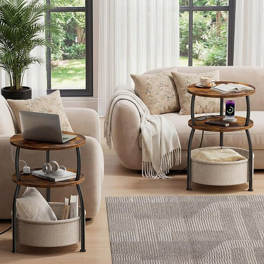 Round Side Table with Charging Station, USB Type C Port, Brown | Small Table with Basket, 3 Tiers Sofa Couch Table, Bedside Table for Living Room Bedroom, Garden,Small Spaces, 15.75in