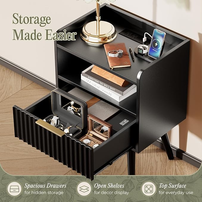 Huuger Nightstand with Charging Station, USB-C Port, Fluted Night Stand Set of 2, Bed Side Table with Drawer, Solid Wood Feet, Open Storage, End Table with Raised Edge, for Bedroom, Black
