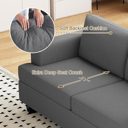 Furnimart Sectional Couches for Living Room, Modern 2 Loveseats and 3 Seater Couch, Deep Seat Sectional Sofa Set, Comfy Fluffy Grey Couch with Removable Sofa Cover, Dark Grey