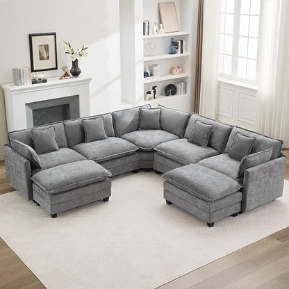 113'' V Shaped Cloud Sectional Sofa, Oversized Deep Seat Couches for Living Room, Chenille Comfy Upholstered Modular Sectional Sofa Couch with 2 Movable Ottoman, Grey