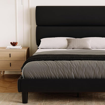 GRUSIGN Full Size Platform Bed Frame with Velvet Headboard, Adjustable Height Wooden Slats Support, Upholstered Mattress Foundation, Fits Mattress or Mattress with Box Spring, Easy Assembly, Black