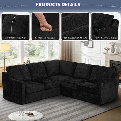 89" Chenille Sectional Sofa with High Density Sponge, Modern 5 Seats Corner Couch with Deep Seat, Comfy Modular L Shaped Couch with Comfortable Back Cushions for Living Room, Black