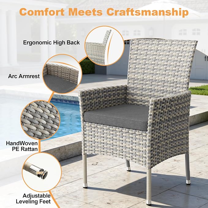 10-Piece Patio Dining Set, Patio Furniture Set with Square Tempered Glass Table & 8 Wicker Chairs, Expandable Design for Larger Groups, Outdoor Furniture for Backyard, Deck, Garden, Grey