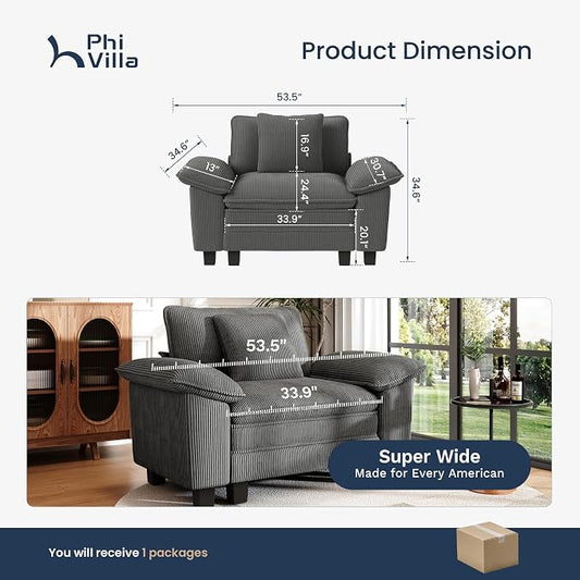 PHI VILLA Oversized Single Sofa Chair with Deep Seat, Upholstered Reading Armchair Modern, 1 Seater Comfy Sofa Chair for Small Spaces Bedroom, Corduroy, Grey