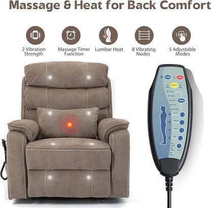 JIKFRIMA Power Lift Recliners Chairs for Elderly Adults Lay Flat Recliner with Heat & Massage, Wireless Charging Device, USB Ports, Cup Holder, Lumbar Pillow, 400Lbs（Velvet Fibric,Light Brown）