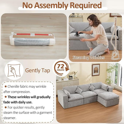 115''Cloud Boneless Sectional Couch, Modular Sectional Sofa Deep Seat with Ottoman, Oversized Upholstered Convertible Comfy 4 Seater Chenille Sofa L Shape Couches for Living Room, Light Grey