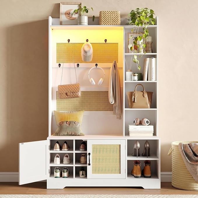 Maupvit 67" Tall Modern Boho Hall Tree with Bench and Shoe Storage, Entryway Fluted Coat Tree, Mudroom Bench with Rattan Door, 7 Coat Hooks, Adjustable LED Light for Garage, Halls,Rustic White