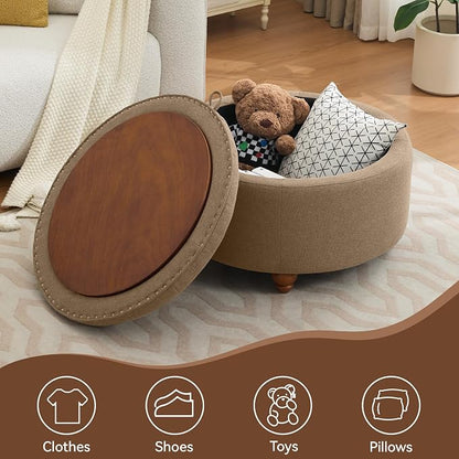 WUTUTUEE 30Inch Round Storage Ottoman with Tray, Modern Tufted Fabric Circle Coffee Table with Storage, Upholstered Ottoman with Removable Top for Living Room, Bedroom, Brown