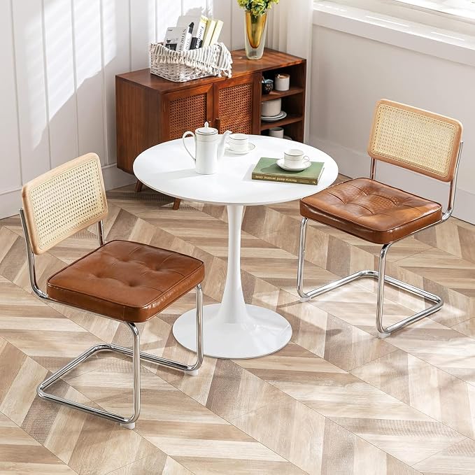 Zesthouse Natural Rattan Dining Chairs Set of 4, Mid Century Modern Dining Room Chairs with Chrome Leg, Faux Leather Kitchen Chair with Solid Wood Back & Cane Mesh, Breuer Cesca Design Inspired, Brown