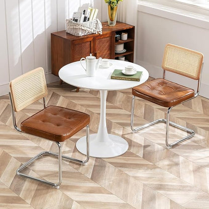 Zesthouse Natural Rattan Dining Chairs Set of 4, Mid Century Modern Dining Room Chairs with Chrome Leg, Faux Leather Kitchen Chair with Solid Wood Back & Cane Mesh, Breuer Cesca Design Inspired, Brown