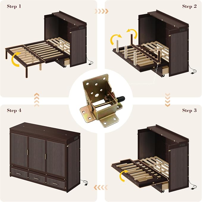 Bellemave Queen Murphy Bed with Charging Station and Storage, Farmhouse Murphy bedframe with Foldable Panel, Noisy Free, for Guest Bedroom, Living Room, Coffee