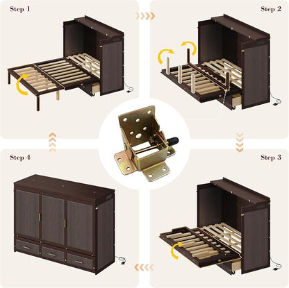 Bellemave Queen Murphy Bed with Charging Station and Storage, Farmhouse Murphy bedframe with Foldable Panel, Noisy Free, for Guest Bedroom, Living Room, Coffee