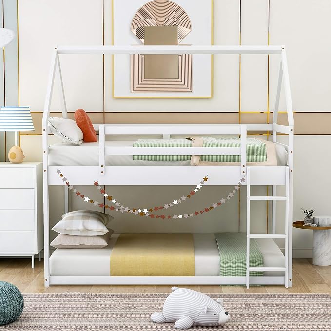 Merax Modern Floor Bunk Bed with Ladder Twin Over Twin, Wood House Shaped Bunk Bed Frame for Kids Boys Girls, No Box Spring Needed White