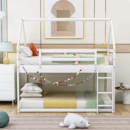 Merax Modern Floor Bunk Bed with Ladder Twin Over Twin, Wood House Shaped Bunk Bed Frame for Kids Boys Girls, No Box Spring Needed White