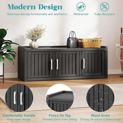 2-Tier Storage Bench, Waterproof UV-Resistant Outdoor Shoe Storage Cabinet with 3 Doors & Adjustable Shelves for Indoor Outdoor Entryway, Hallway, Living Room (Black)