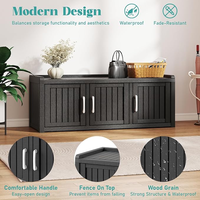 Outdoor Shoe Bench, Waterproof UV-Resistant Indoor Resin Shoe Cabinet, Entryway Shoe Storage with 3 Doors, Living Room, Bedroom, Black (3 Door)