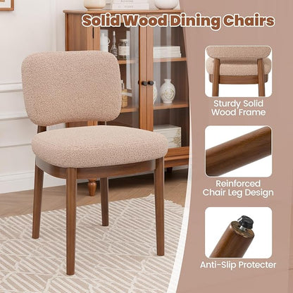 Wooden Dining Chairs Set of 6, Boucle Upholstered Kitchen Chairs with Solid Wood Legs, Mid Century Modern Dining Chairs, Farmhouse Side Chair with Hardwood Frame for Dining Room, Khaki