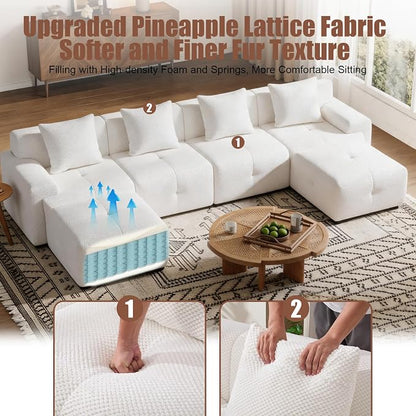135" Cloud Couch Sectional with 2 Ottoman, U-Shaped Boneless Sofa,Modern Modular Couch, Pineapple Grid Fabric with Foam & Spring Filling for Living Room, No Assembly Required (White, 4seates)