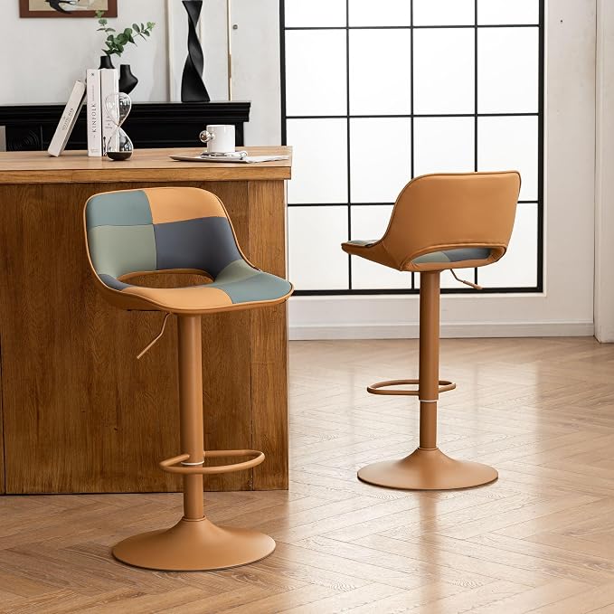 YOUNIKE Bar Stools Set of 2, Boho Colorful Patchwork Barstools, Adjustable Swivel Counter Height Bar Stool Faux Leather Upholstered Barstool with Back, Compact Bar Chair for Kitchen Island, TanGreen