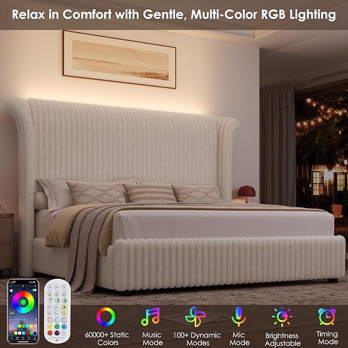 Keyluv Queen Bed Frame with 54” Tall Faux-Fur Wingback Headboard, Upholstered Platform Bed with LED Light, Mattress Foundation with Solid Wooden Slats Support, No Box Spring Needed, Noise-Free, Beige