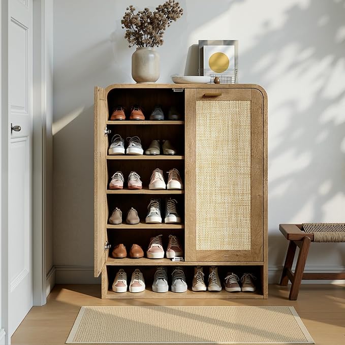 Evermagin 41" Tall Rattan Shoe Storage Cabinet, 24 Pairs Shoe Cabinet for Entryway, 5-Tier Boho Shoe Organizer with Doors for Hallway Living Room Closet, Caramel Oak