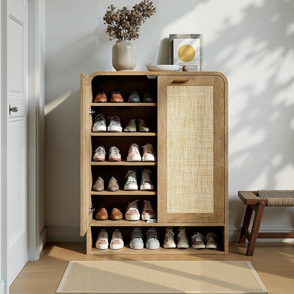 Evermagin 41" Tall Rattan Shoe Storage Cabinet, 24 Pairs Shoe Cabinet for Entryway, 5-Tier Boho Shoe Organizer with Doors for Hallway Living Room Closet, Caramel Oak