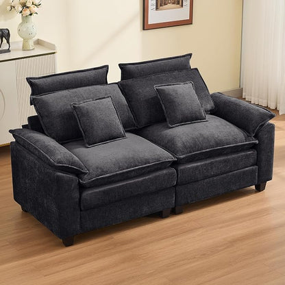103'' Cloud Modern 3 Seater Couch with Detachable Headrest, Modular Sectional Sofa with Ottoman, Oversized L Shape Chenille Comfy Sofa with Armrests for Living Room, Dark Grey