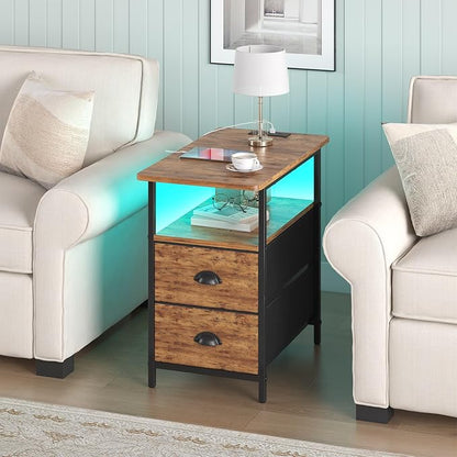 sthmec End Table with Charging Station, Narrow Side Table with 2 Drawers, LED Nightstands with Drawers, USB Ports&Power Oulets,Slim Sofa Side Tables for Small Spaces,Living Room,Bedroom,Rustic Brown