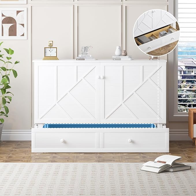 PUREMIND Murphy Bed Queen with Mattress Included, Hideaway Wallbed Cabinet Bed with 2 Storage Drawers, USB Charging Ports & Headboard, Space-Saving Chest Beds for Home, Guest Room, White