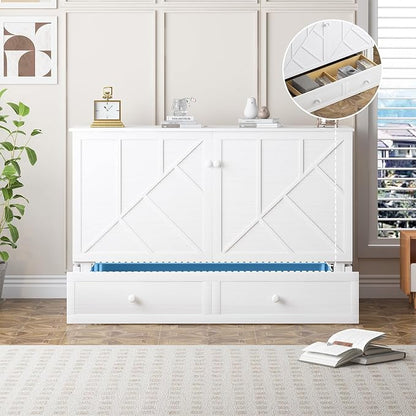 PUREMIND Murphy Bed Queen with Mattress Included, Hideaway Wallbed Cabinet Bed with 2 Storage Drawers, USB Charging Ports & Headboard, Space-Saving Chest Beds for Home, Guest Room, White
