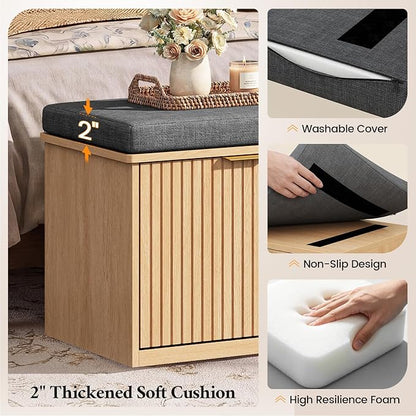 59" Storage Bench with Cushion and Flip Drawer, 2-Tier Entryway Bench with Storage, Shoe Bench with Cabinet, 2 Storage Drawer, Adjustable Shelf, for Entryway, Bedroom, Living Room, Natural