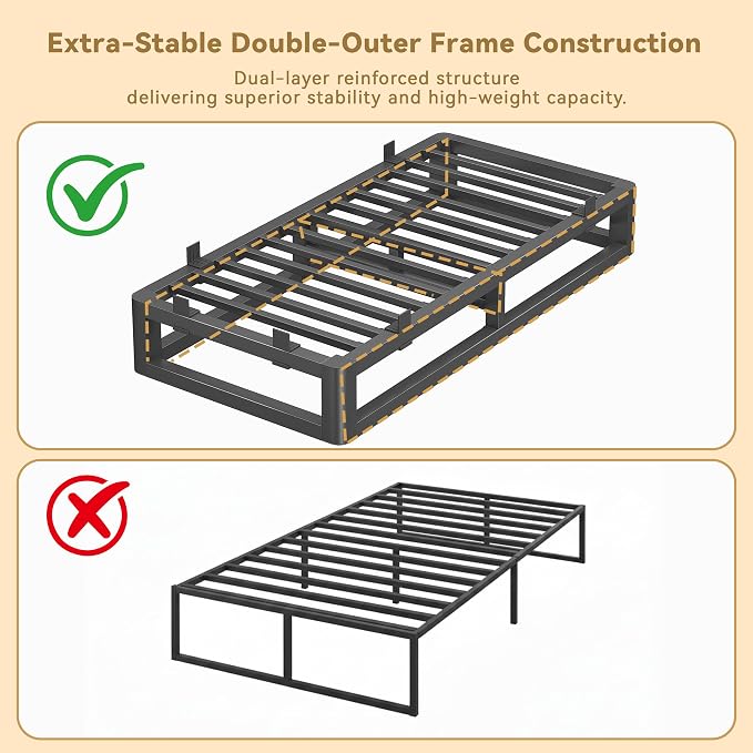10 Inch Twin XL Bed Frame with Rounded Corner and Squeak Free U-Slot Design, Metal Platform Bed Frames 6 Non-Slip Guards, 3500lbs Heavy Duty Steel Slat Support, No Box Spring Needed, Black
