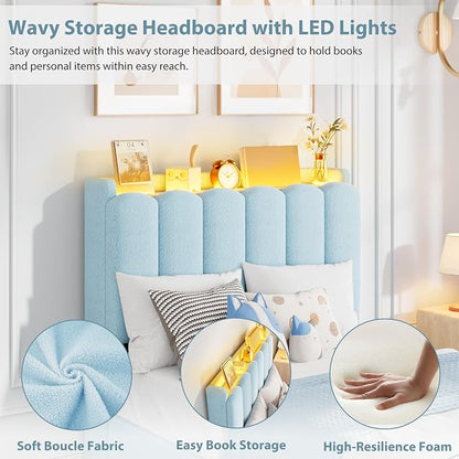 Garvee LED Twin Size Bed Frame with Storage Headboard, Kids Bed Frame with 2 Drawers, Boucle Upholstered Platform Bed for Girls, Chic Wavy Headboard with Bookcase, No Box Spring Needed, Blue