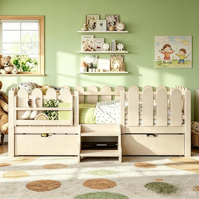 Bellemave Twin Size Platform Bed with Storage Drawers & Bookshelf for Boys Girls, Kids Twin Bed Frame with LED Lights & Stairs for Children's Room, Beige