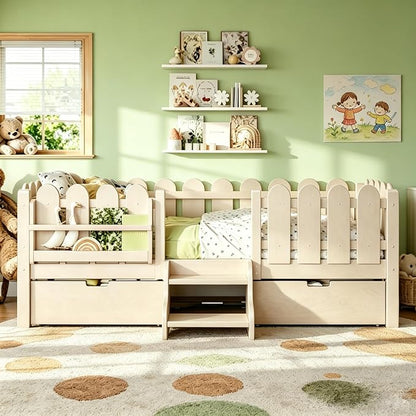 Bellemave Twin Size Platform Bed with Storage Drawers & Bookshelf for Boys Girls, Kids Twin Bed Frame with LED Lights & Stairs for Children's Room, Beige