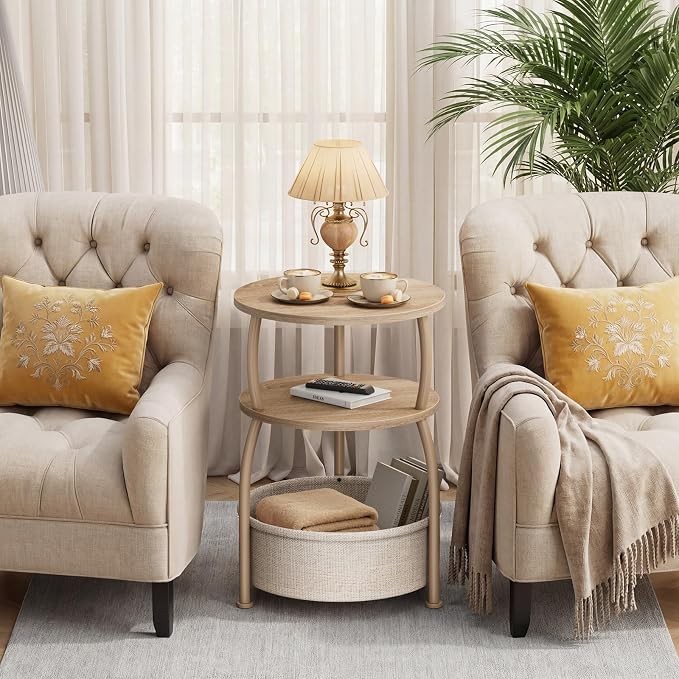 Round Side Table with Storage Basket, End Table Living Room | 3-Tier Bedside Table, Corner Table for Small Room, Bedroom, Garden, 15.75in Couch Side Table with Cat Bed, Accent Table
