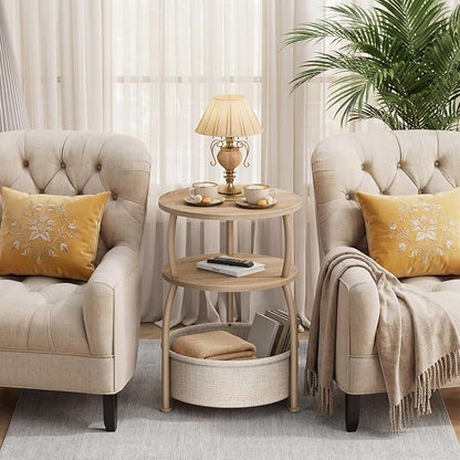 Round Side Table with Storage Basket, End Table Living Room | 3-Tier Bedside Table, Corner Table for Small Room, Bedroom, Garden, 15.75in Couch Side Table with Cat Bed, Accent Table