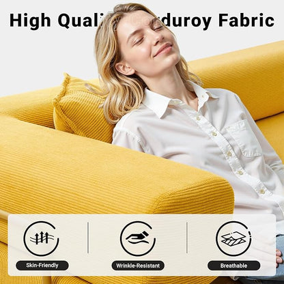 ivoros 108" Oversized Convertible Sleeper Sofa Bed, Corduroy L Shape Sectional Couch, Folding Sofa Bed with Fixed-Shape Frame, Modern Cloud Floor Mattress Couch, Modular Sofa for Living Room, Yellow