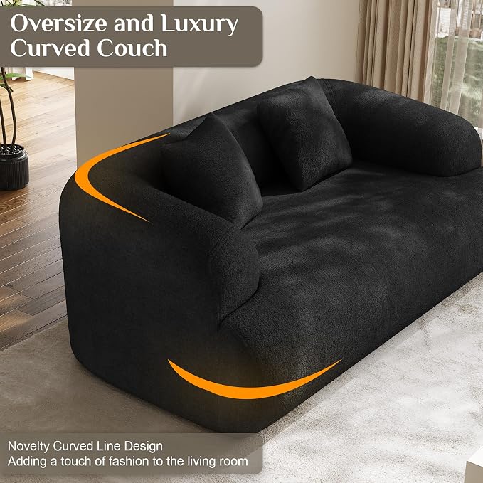 Half Moon Curved Sectional Sofa with 2 Throw Pillows, Modern Style 2-Seater Chenille Leisure Couch with Curved Backrest, Easy Assembly, for Apartment, Living Room, Bedroom, Black （76 inch）