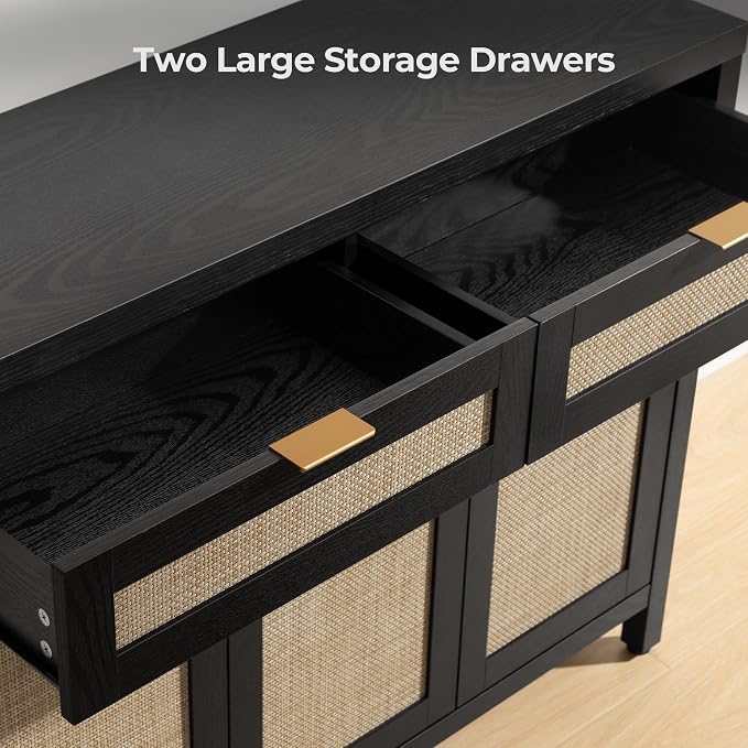 SICOTAS Rattan Sideboard Buffet Cabinet with Storage, Boho Credenza Accent Cabinet with 3 Doors and 2 Drawers, Farmhouse Console Coffee Bar Cabinets for Living Room Kitchen Entryway, Black Oak, 2 PCS